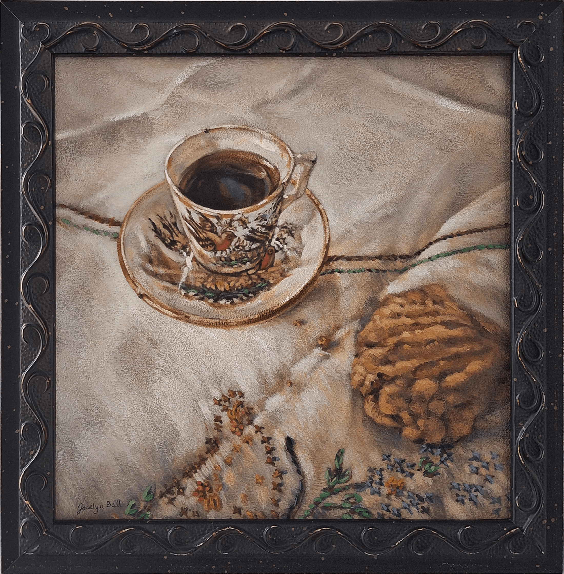 painting in acrylic of a vintage espresso cup and a ginger cookie on an embroidered tablecloth
