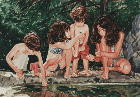 Thumbnail: Kids at Frog Pond watercolour painting by Jocelyn Ball-Hansen