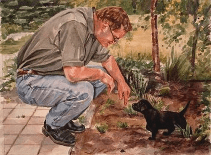 Man with Lab Puppy watercolour by Jocelyn Ball-Hansen