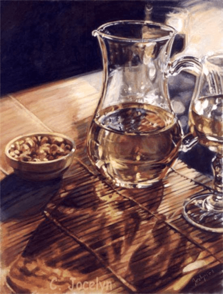 White Wine in Paris acrylic still life painting by Jocelyn Ball-Hansen