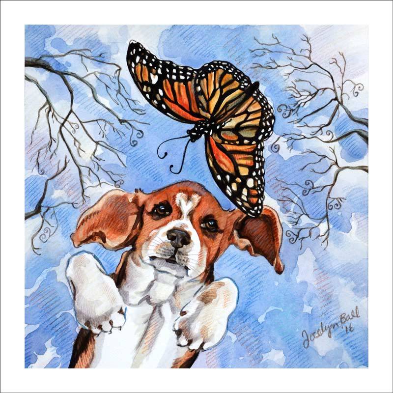 Nature painting titled Beagle and Butterfly by Jocelyn Ball-Hansen