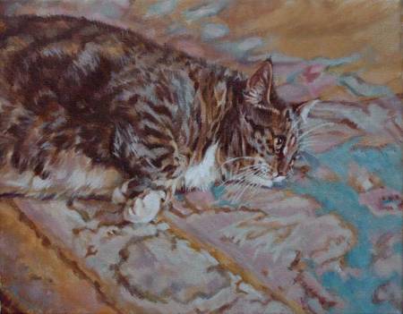 Thumbnail Fat Tabby Cat on Rug animal painting by Jocelyn Ball-Hansen