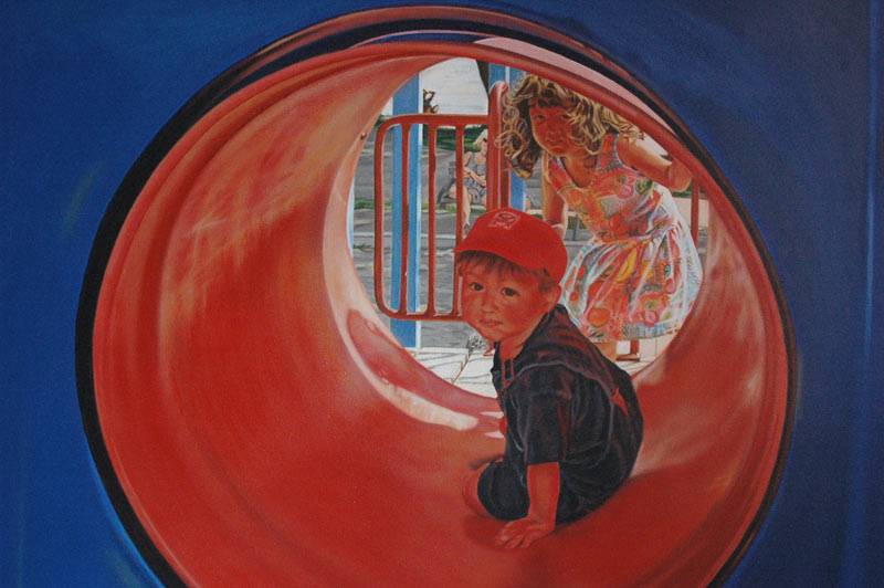 Chris in Tube Playground acrylic figure painting by Jocelyn Ball-Hansen