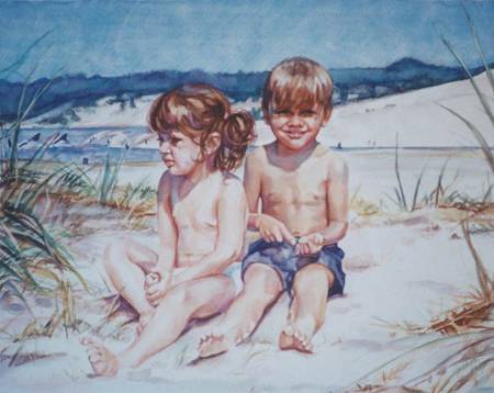 Thumbnail Kids on Beach watercolour painting by Jocelyn Ball-Hansen