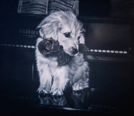 Thumbnail Puppy on Piano Bench acrylic painting by Jocelyn Ball-Hansen