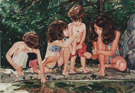 Thumbnail Kids at Frog Pond watercolour painting by Jocelyn Ball-Hansen